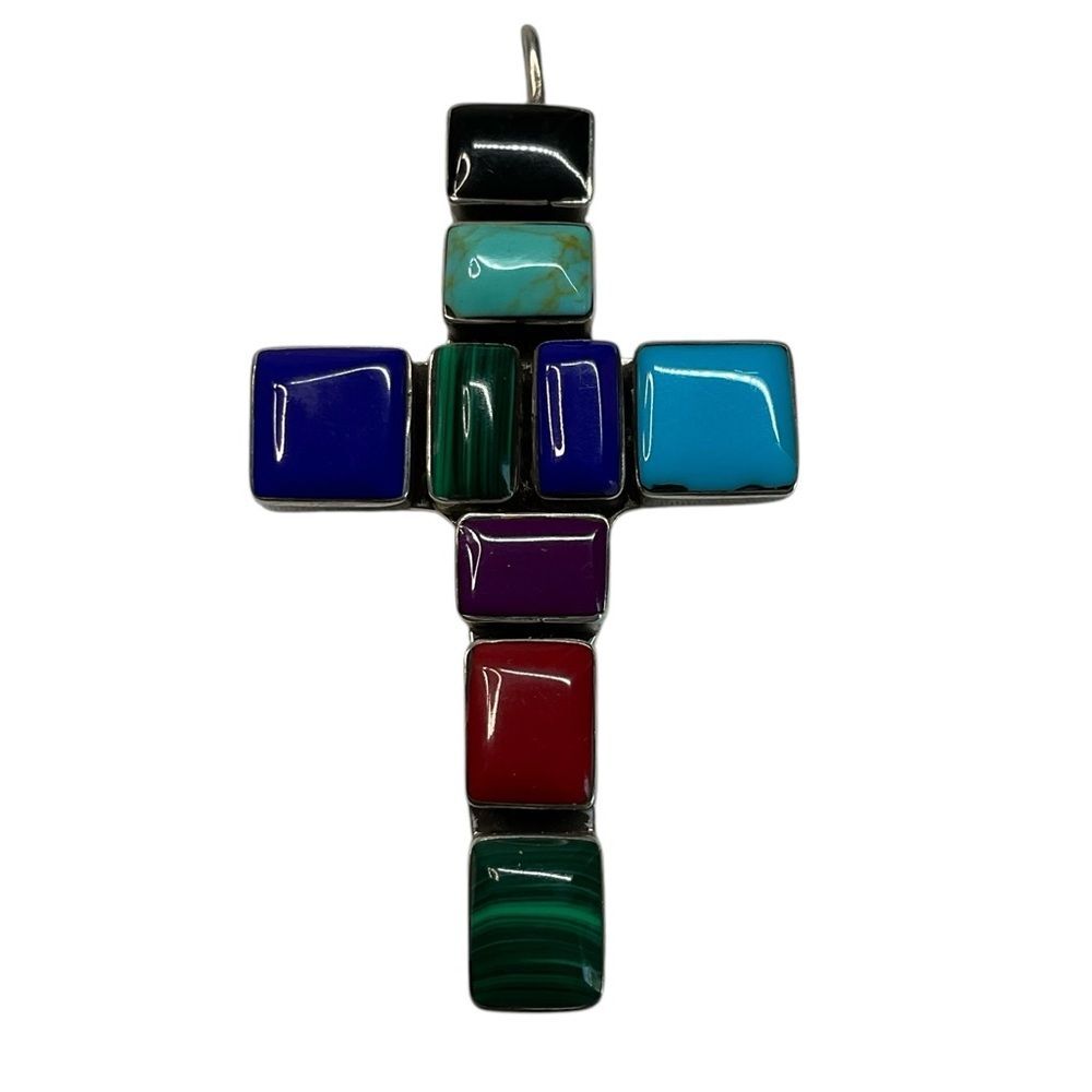 Handcrafted ATL Taxco Mexico Sterling Silver Multi-Gemstone Inlay Cross Pendant
